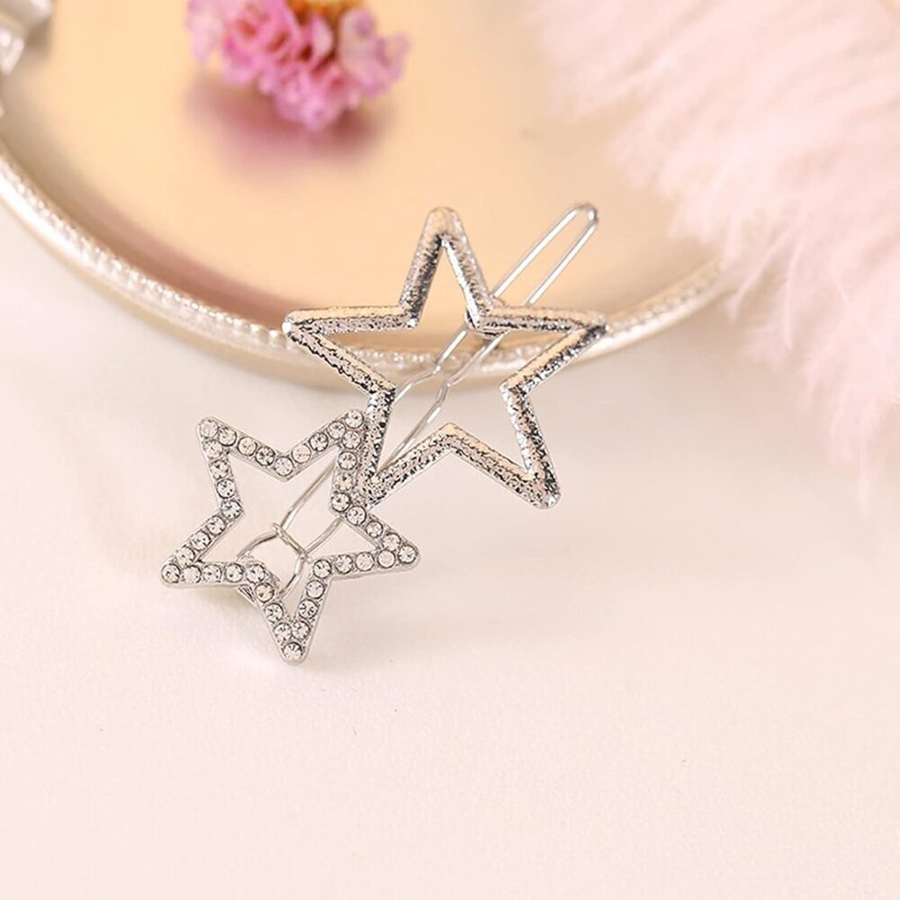 2Pcs Hollow Star Hair Clips, Non-Slip Metal Geometric Hairpin, Elegant Rhineston - Picture 4 of 6